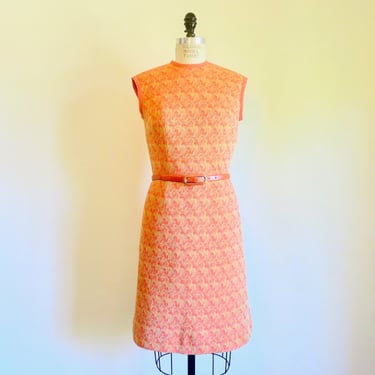 1960's 70's Orange and Gold Metallic Knit Dress Sleeveless Belted Bodycon Mod Style 60's Spring Summer Dresses Lipmans Made in Austria 