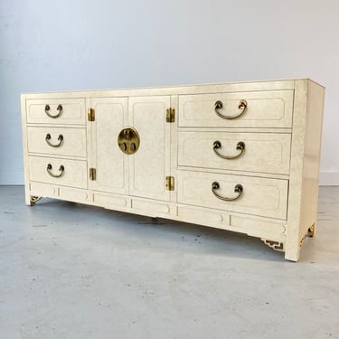 Chinoiserie Dresser with 9 Drawers by White Furniture 75" Long - Vintage Ivory & Gold Asian Style Hollywood Regency Credenza 
