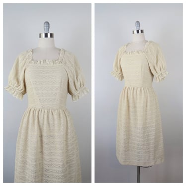 Vintage 1970s knit dress, Leslie Fay, puff sleeves, peasant, pointelle 