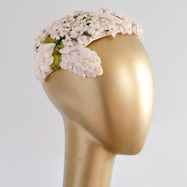 Gorgeous 1950's In The Garden Pearl & Ivory Floral Cap by Dayne/ OS
