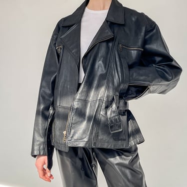 Black Leather Moto Zipper Jacket (S-M)
