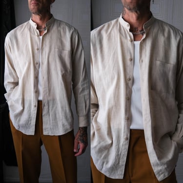 Vintage 80s PIERRE CARDIN Natural Linen Band Collar Long Sleeve Button Up Shirt | Linen/Cotton | 1980s CARDIN French Designer Mens Shirt 