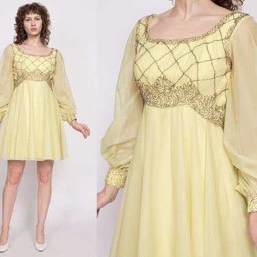 60s Mike Benet Formals Yellow Chiffon Party Dress, As Is - Medium | Vintage Beaded Sheer Long Balloon Sleeve Retro Mini Dress 