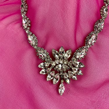 1950's  Swarovski Crystal Necklace with a Large Cluster of Clear Faceted Baguettes - All Prong Set Crystals - 18 Inch Length 