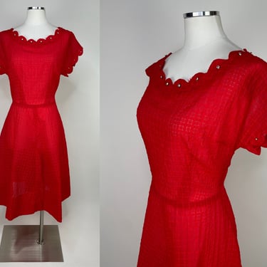1950s Red Seersucker Short Sleeve Scalloped Dress w Rhinestone Detail M-L | Vintage, Mid Century, Holiday, Cocktail, Party, Christmas 