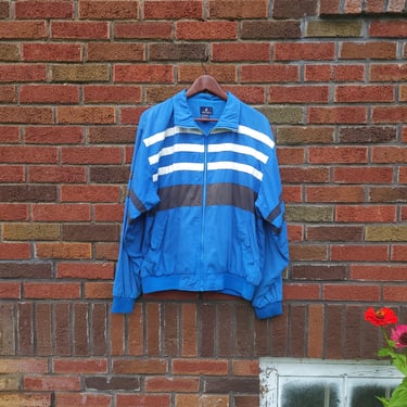 Vintage 1990's Striped Jockey Jacket / Windbreaker Coat / Large Blue Athletic 