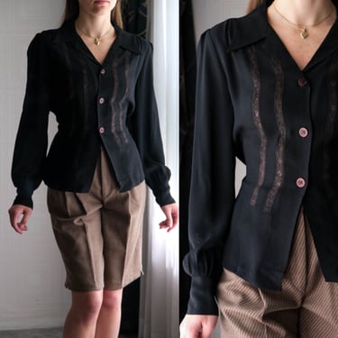 Vintage 70s POPPY Black Crepe Belted Camp Collar Blouse w/ Floral Lace Stripes | Made in France | 1970s French Designer Long Sleeve Top 