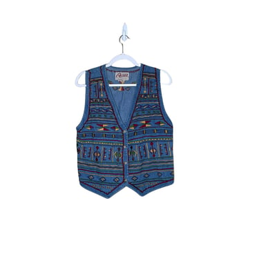 Vintage 90's Agapo Boho Embroidered Denim Vest, Size M 