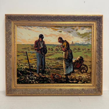 Free shipping within Continental US - Vintage Framed Needlepoint Tapestry - The Angelus Inspired Embroidery Art - Ornate Gold Frame 