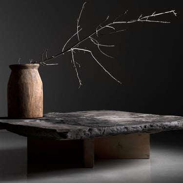 Carved Wooden Vessel / Slab Stone Coffee Table