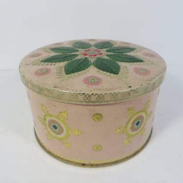 Vintage Pink and Green Floral Embossed Tin 