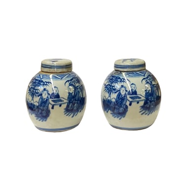 Pair Blue White Mini Oriental People Tree Porcelain Ginger Jars ws1971E 