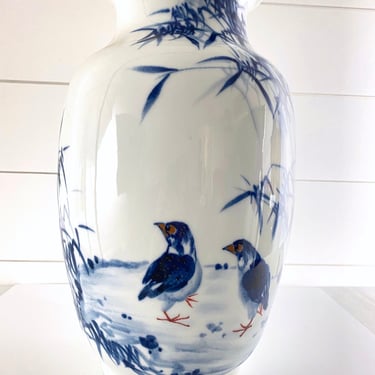 Vintage Large Japanese Art Pottery Arita Asian Blue White Porcelain Vase Signed 