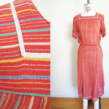 Vintage 80s Albert Nipon Dress XS S - 1970s Red Multicolor Stripe Short Sleeve Semi Sheer Midi Dress 
