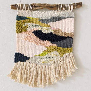 Peach, Chartreuse, Olive Green, Navy Wall Hanging / Woven Tapestry - Handwoven Textile - Boho Landscape Fiber Art - Handmade Weave - Nursery 