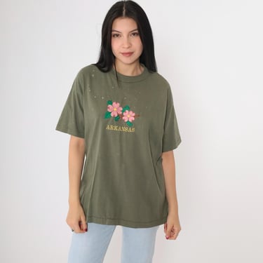 Vintage Arkansas Shirt 90s Floral Embroidered Tshirt Olive Green Graphic Tee Travel Destination Single Stitch Crewneck Short Sleeve Large 