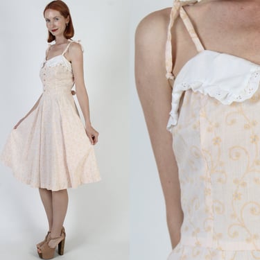 Peach Floral Shoulder Tie Dress, Boho Wedding Summer Sundress, Vintage 70s Pin Up Bohemian Outfit 