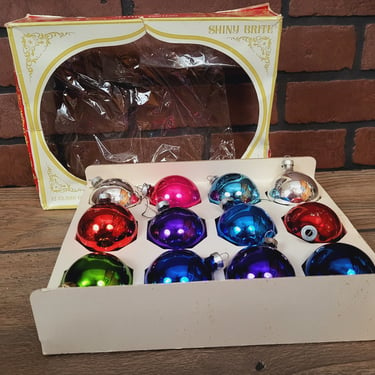 12 Vintage Glass Christmas Ornaments in a Shiney Bright Box 