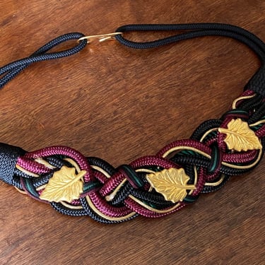 Vintage Black and Gold Rope Waist Belt with Gild Leaf Design Size Medium 