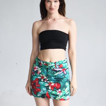 Vintage Dolce and Gabbana D&G Tropical Print Denim Mini Skirt in Green + Red Floral sz IT 42 28 2000s Y2K Hawaiian 