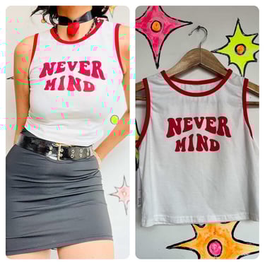 Y2K "Nevermind" White Sleeveless Retro Ringer Baby Tee – XS Crop Tank Top 