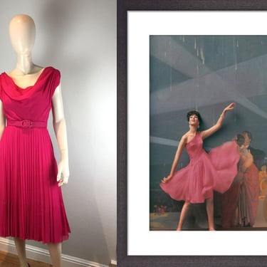 Cocktail Flair - Vintage 1950s 1960s Bold Fuchsia Pink Chiffon Belted Cocktail Dress - 2/4 