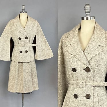 1950s Cape Suit / 1950s Belted Cape and Skirt Suit /Tweed Double-Breasted Cape Suit / Size Medium 