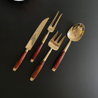 Vintage, 4 piece Gold - Brass or Bronze - and Teak or Rosewood Wood Serving Set, Carving Knife n Fork, Serving Spoon n Fork, Holiday Cutlery 