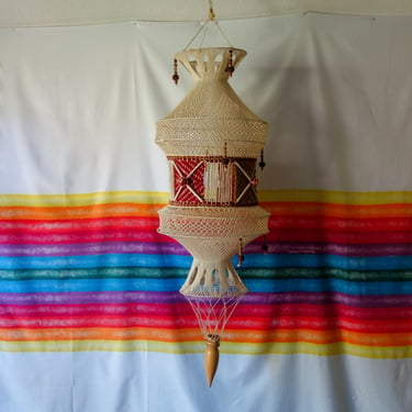 Vintage hanging fiber art 42" large woven  macrame crochet w/ wood rudraksha beads, swag lampshade or lantern for groovy bohemian home decor 