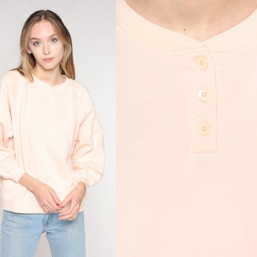 Light Pink Sweatshirt 90s Quilted Henley Sweatshirt Button Up Long Sleeve Shirt Retro Pastel Plain Pullover Basic Vintage 1990s Large L 