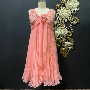 1960s cocktail dress, flapper style, vintage 60s dress, pink chiffon, accordion pleated, beaded dress, Jack Bryan, small, 60s does 20s, 27 