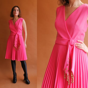 Vintage 60s Hot Pink Pleated Dress with Gold Tassels/ 1960s Sleeveless Fit and Flare Mini Dress/ Size Medium 