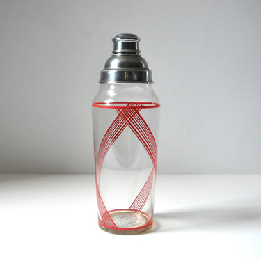 Extra Large Vintage Glass Cocktail Shaker with Red Banded Stripes, circa 1960-70s 