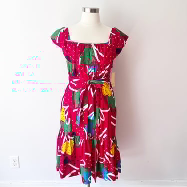 Size M / L 1980s Red Floral Smock Sundress with Shoulder Ruffle / 80s Vintage Fire Engine Red Summer Dress size Large 