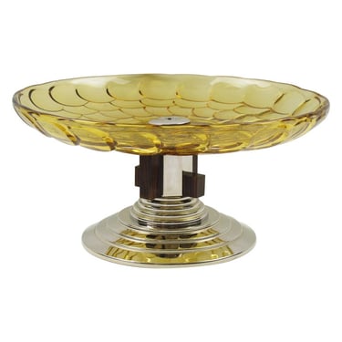 French Art Deco Centerpiece Bowl Glass Macassar Wood Chrome