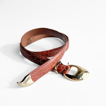 Abstract Buckle Embossed Leather Belt, sz. M-XL