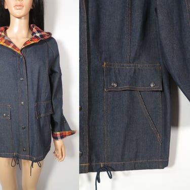 Vintage 80s Deadstock Denim Snap Jacket With Hood And Plaid Flannel Accents Size Womens S/M or Youth L 