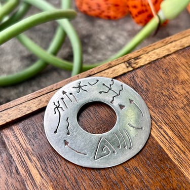 Sterling Silver Disc Pendant Hieroglyphs Symbols Tribal Cave Drawings Vintage Jewelry Retro Style Donut Pendant 