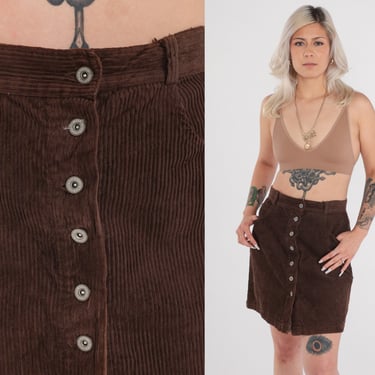 Corduroy Mini Skirt Brown Button Up Skirt Y2K High Waisted Straight Pencil Skirt Retro Plain Faded Glory Vintage Medium 