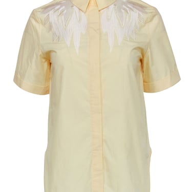Maje - Yellow Short Sleeve Button Front Top w/ White Embroider Shoulder Detail Sz S