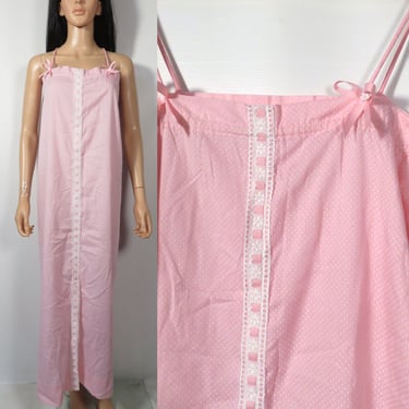 Vintage 70s Pastel Pink Swiss Dot Maxi Dress Tube Dress Nightgown Size L 