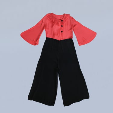 RARE 1930s Jumpsuit / 30s Color Block Beach Pajama Pant Suit Onesie / Fuchsia Pink and Black / Wide Leg / Angel Sleeves 