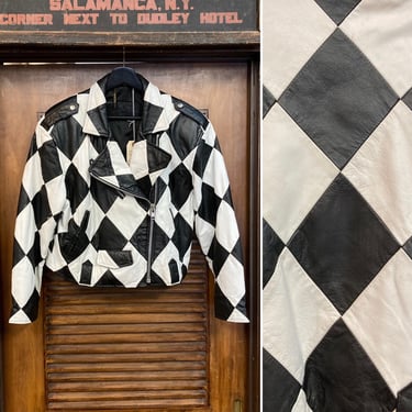 Vintage 1980’s Black x White Harlequin New Wave Motorcycle Leather Jacket, 80’s  Biker, 80’s Vintage Clothing 