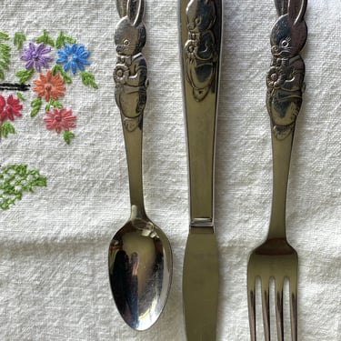 Easter Bunny~ Peter Rabbit Stainless by ONEIDA SILVER Knife, Fork and Spoon Set~ Toddler Flatware Set~ Serving Pieces~ Youth Silverware Set 