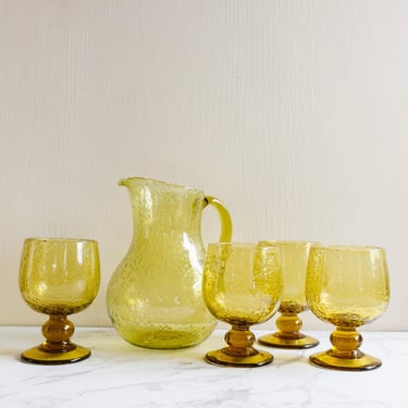 vintage french "verrerie de biot" hand blown pitcher and glasses set