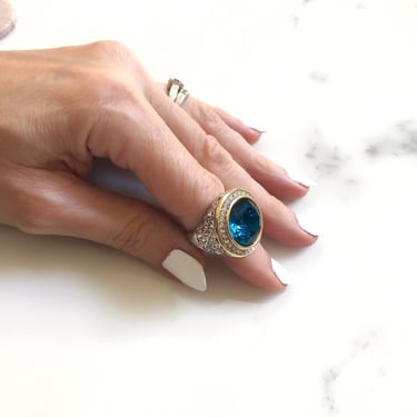 faux sapphire blue cocktail ring with rhinestones, silver and gold tone statement jewelry gift for her 