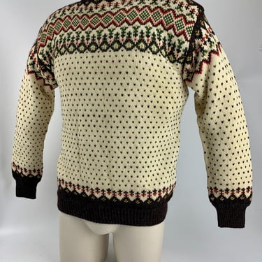 Vintage Pullover Boatneck Sweater - Hand Knit - All Wool in Dark Brown, Deep Cream, Green & Rust - Men's Size Medium 