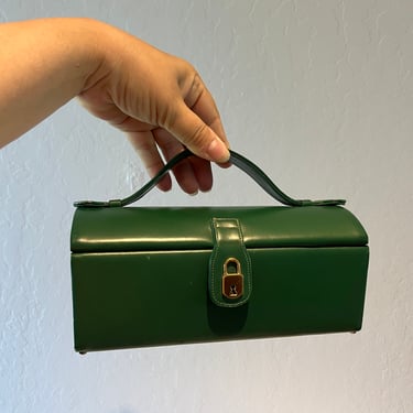 She Spins in Circles - Vintage 1950s Dark Forest Green Leather Box Bag Handbag Purse 