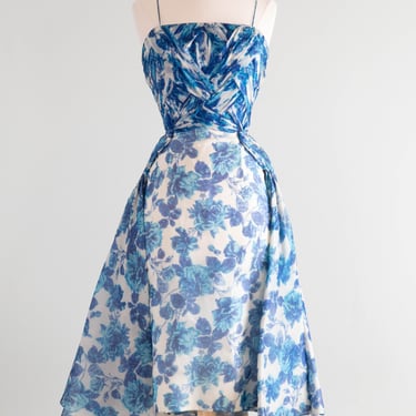 Exquisite 1950's Michael Novarese Blue Rose Print Cocktail Dress / Small