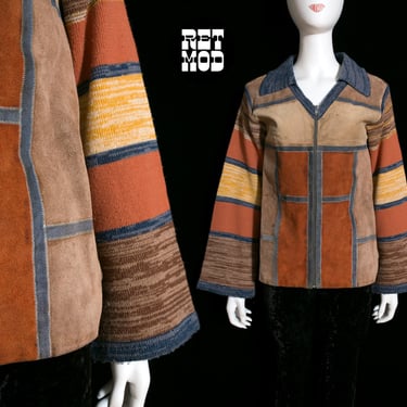 AMAZING Vintage 70s Suede Patchwork Space Dye Sweater Zip Cardigan Sweater Jacket 